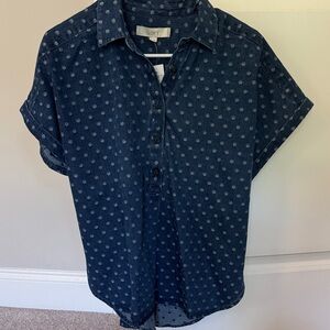 LOFT Women's Navy Polka Dot Button Down Shirt